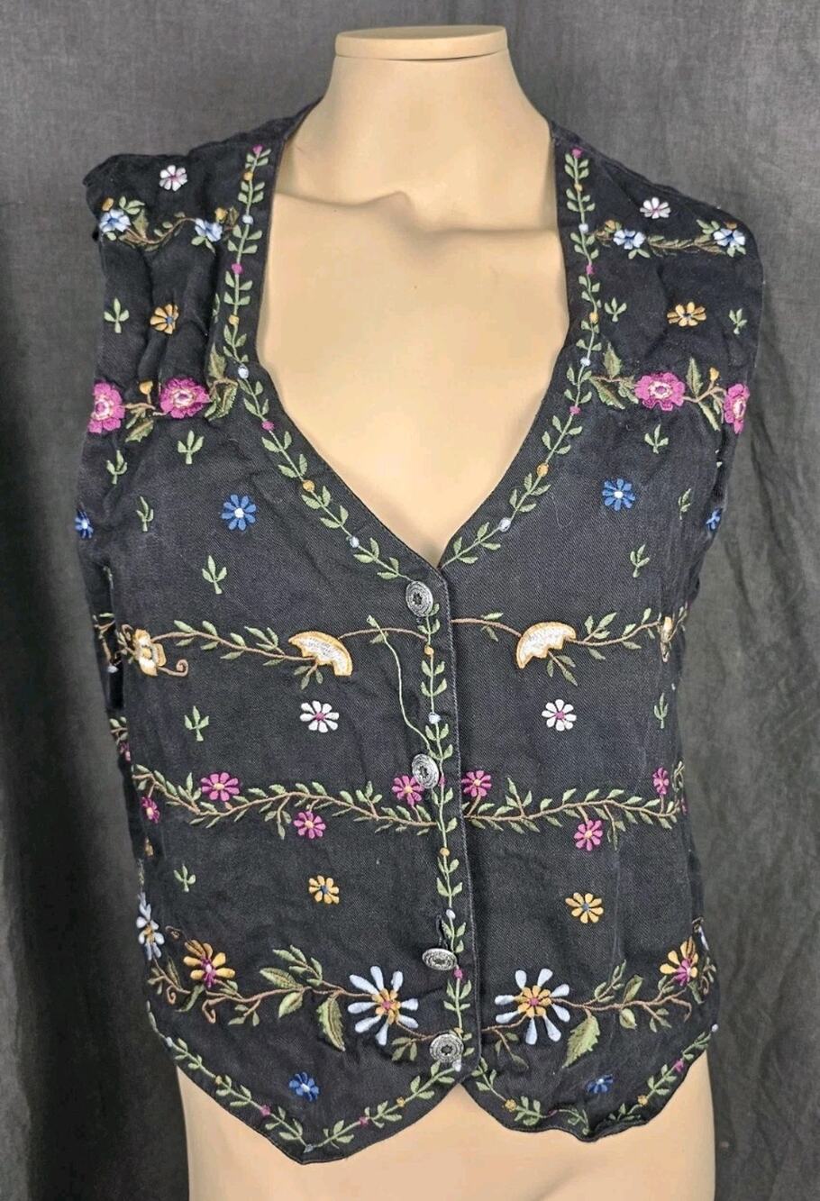 Vintage New Directions Embroidered Floral Cotton Vest Boho Cottagecore Western L